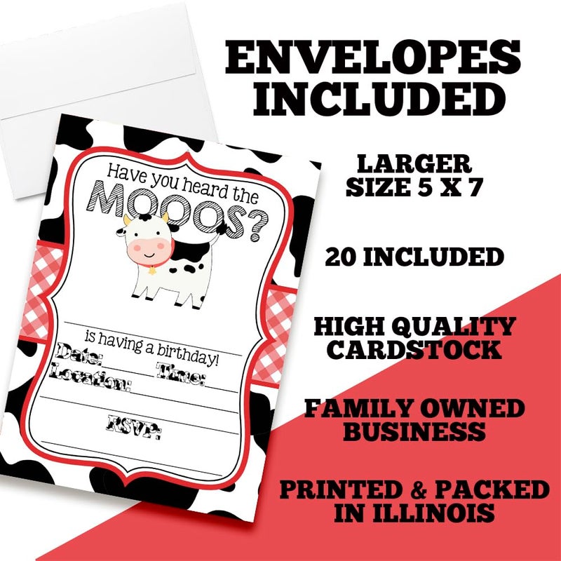 Amanda Creation Heard the Moos Red Cow-Themed Birthday Party Invitations for Kids, 20 5x7 Fill In Cards with Twenty White Envelopes by AmandaCreation - Image 2